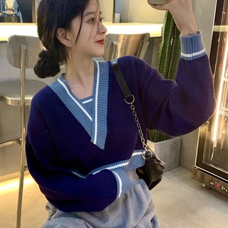 Áo Sweater Dệt Kim Cổ Chữ V Dáng Rộng Màu Sắc Tương Phản Thời Trang Cho Nữ