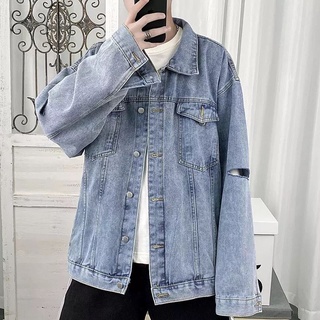 Áo Khoác Jeans Nam Nữ Denim Jacket hàn quốc trơn rách tay màu xanh