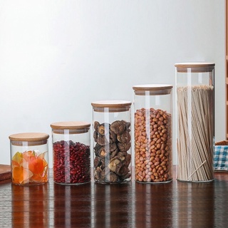 Hũ Thủy Tinh Nắp Tỗ Cao Cấp Đựng Thực Phẩm, Lọ Gia Vị Tròn Nắp Tre Cam Homeware