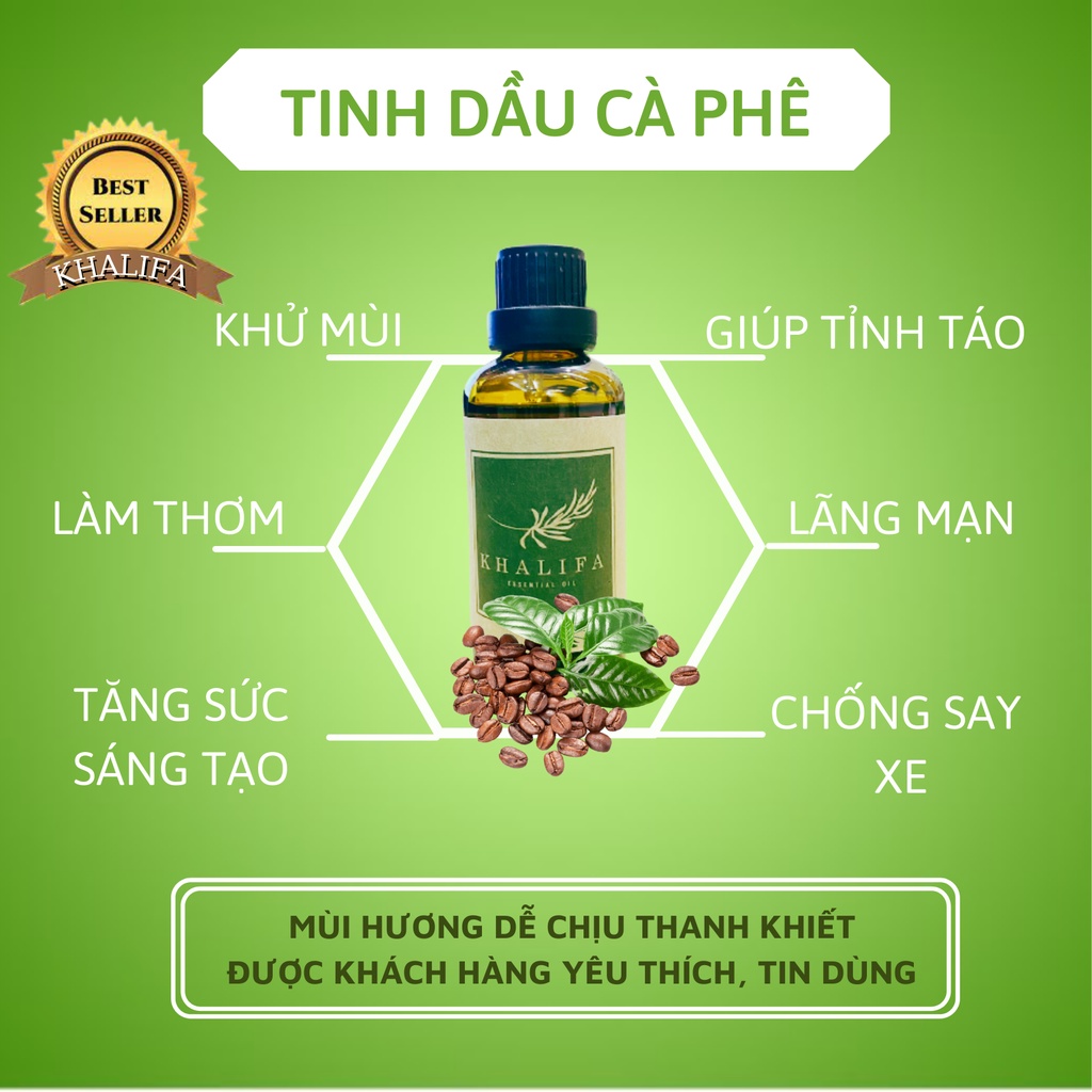 Tinh Dầu Cà Phê Khalifa 50ml Nguyên Chất Tốt Cho Da Giảm Stress Khử Mùi Chống Say Xe Hàng Chính Hãng