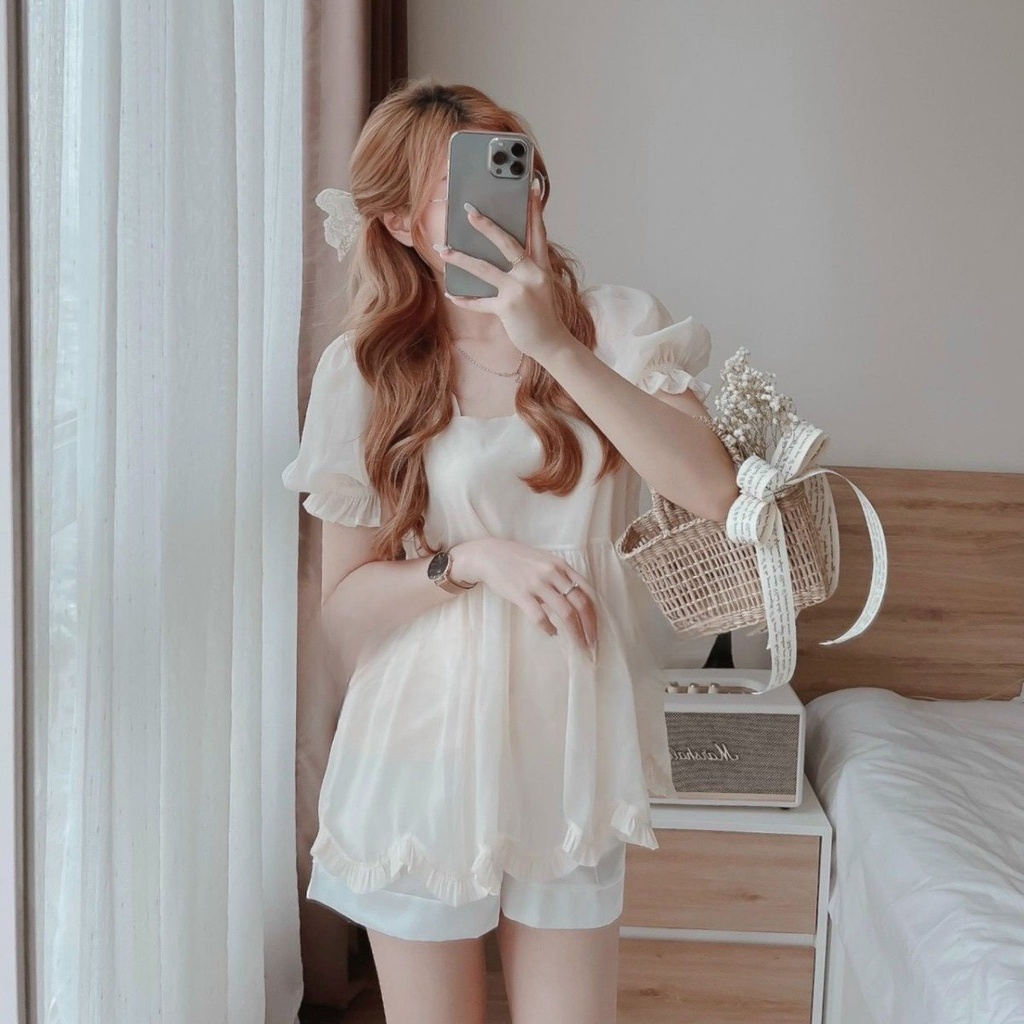 SET ÁO CỔ V NƠ NGỰC TAY BỒNG + SHORT TRẮNG ⚡HỎA TỐC⚡ BÁNH BÈO