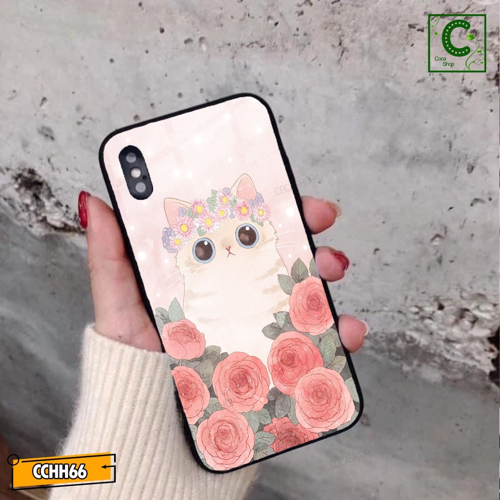 Ốp lưng iphone mặt kính cực đẹp - Chú mèo bên vườn hoa khoe sắc - 6/6plus/6s/6splus/7/7plus/8/8plus/x/.....