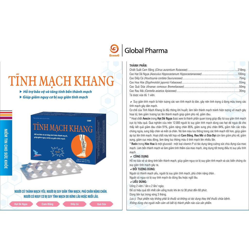 Ảnh Tĩnh mạch khang AN CHÂU giúp tăng độ bền thành mạch, phòng suy giãn tĩnh mạch hộp 3 vỉ 30 viên -Global Pharma 4