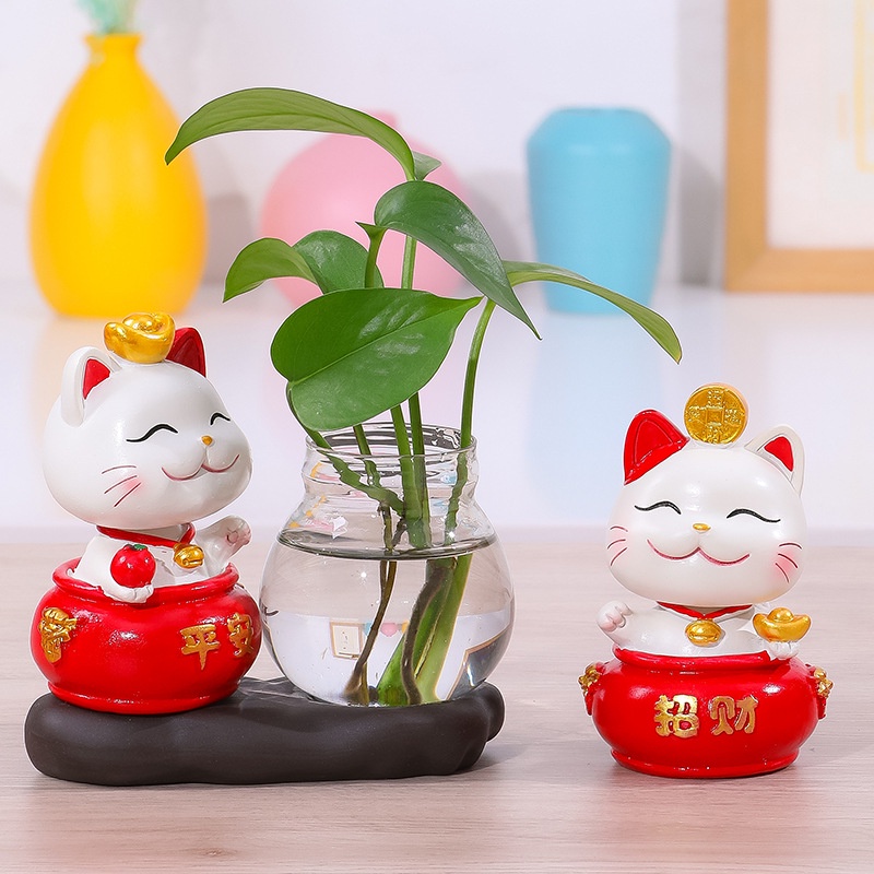 Bộ decor Mèo thần tài may mắn kết hợp cùng bình thủy sinh trang trí nhà, bàn làm việc góc học tập giúp mang lại may mắn