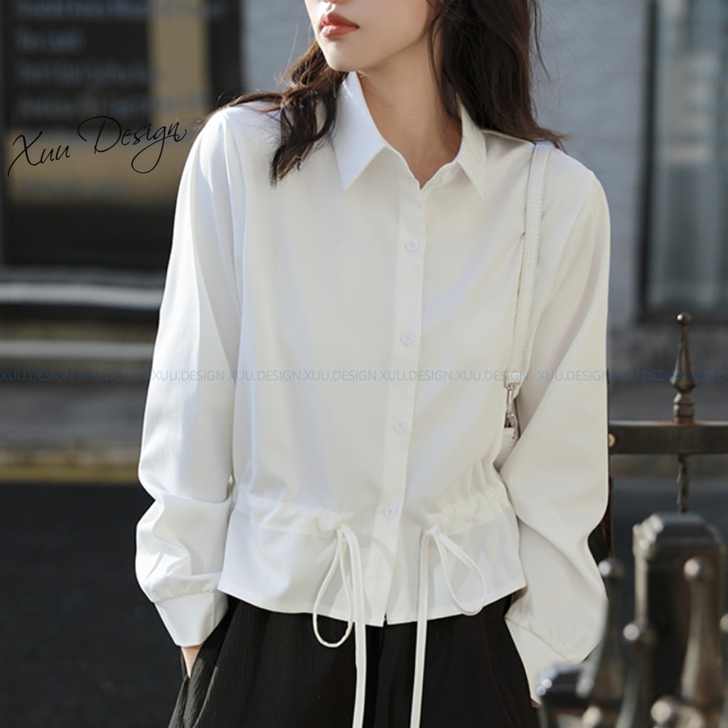 Áo sơ mi nữ công sở dài tay trắng dáng ngắn rút eo XUU DESIGN SM17 ...
