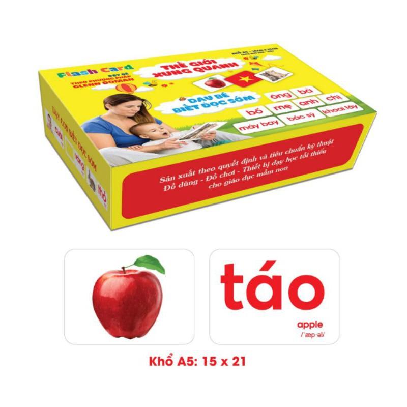 Thẻ Flashcard A5 khổ 15x20cm Bộ 100 thẻ học thông minh 14 chủ để song ngữ dày đẹp dạy bé theo phương pháp Glenn Doman