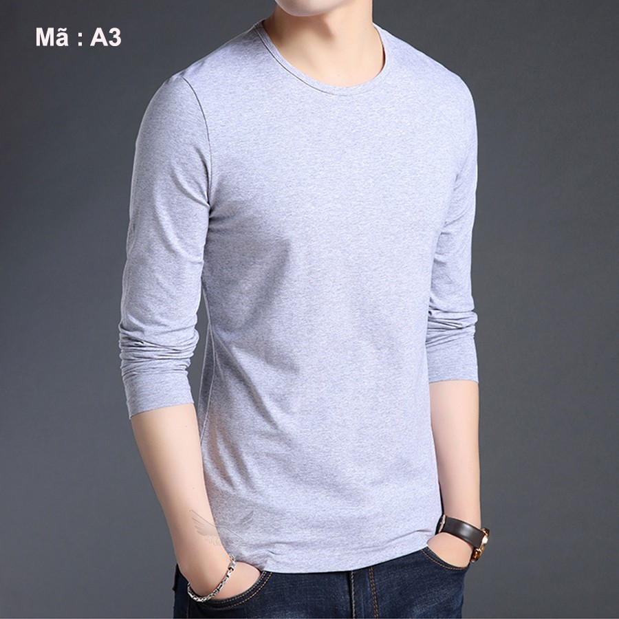 [hot] Áo thun nam dài tay cổ tròn màu xám ghi