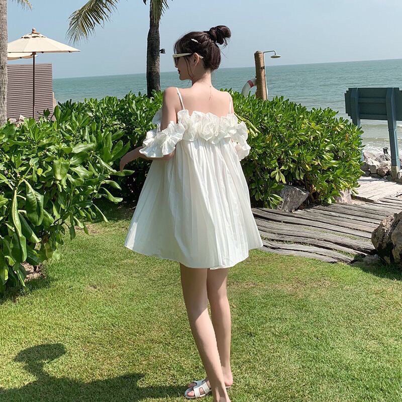 SUV005 Váy 2 dây viền bèo dáng xòe xếp ly Đầm nữ trắn đen 2s đi chơi tiệc sexy babydoll cute tiểu thư bánh bèo công chúa