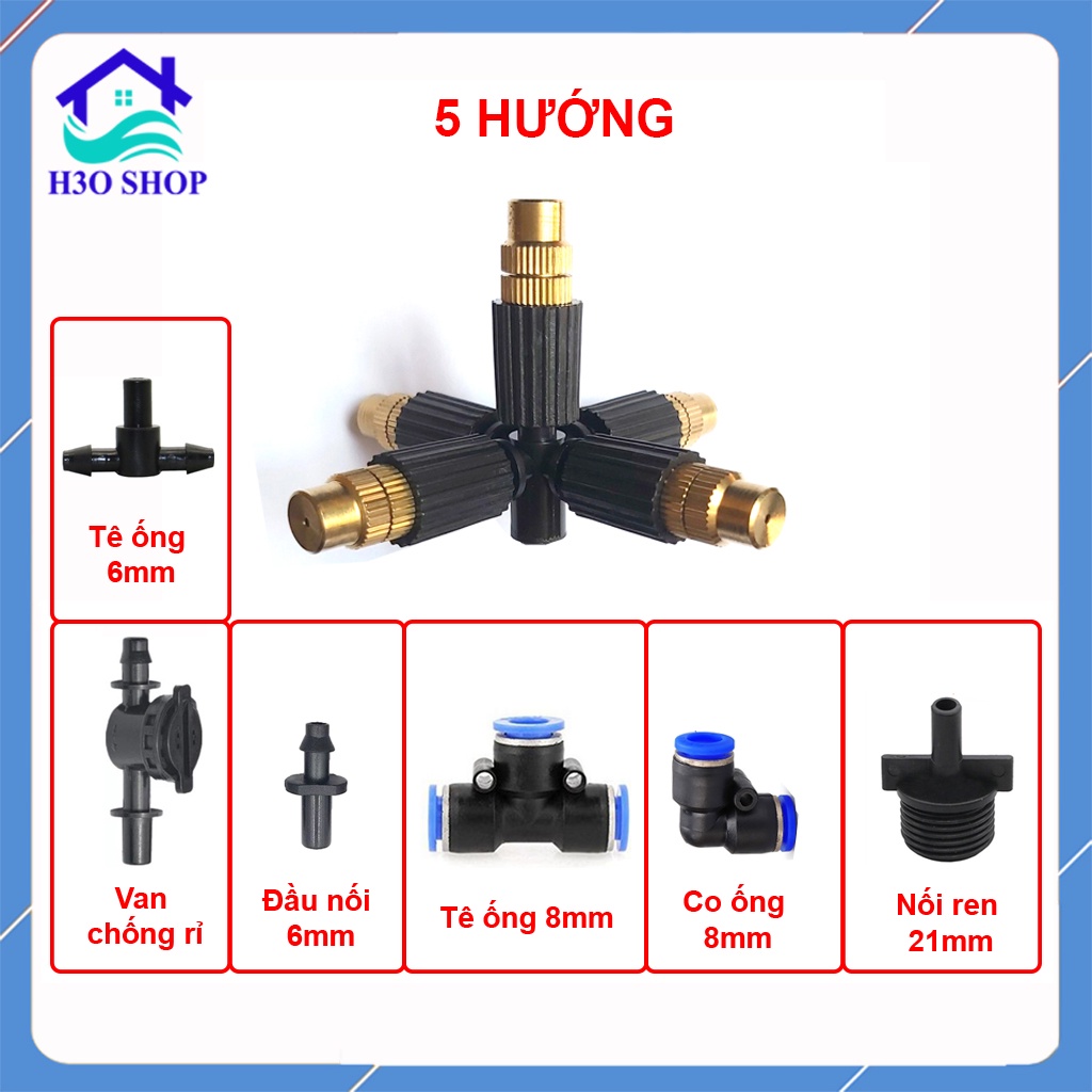 Béc tưới phun sương 5 hướng đầu đồng (Tùy chọn chân nối), đầu nối 6mm, 8mm, 21mm...