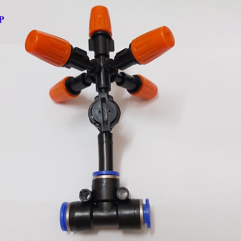 Béc Phun Sương 5  điều Hướng Cam - Kèm Tê Nối Ống 8mm Và Van Chống Rỉ nước