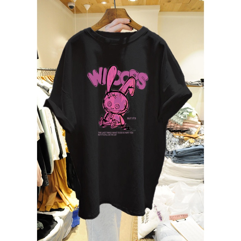 Áo Thun Tay Lỡ Nữ HappyFamily Form Rộng Whoops Graphic Thỏ Chất Cotton 100 Cao Cấp 2 Màu Trắng Đen
