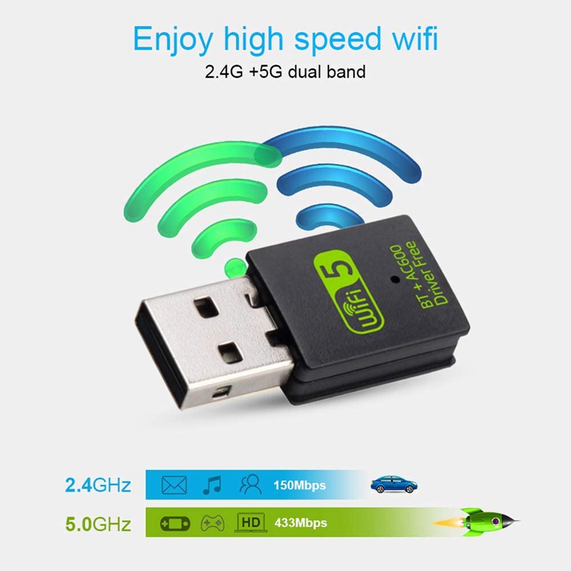 Bộ chuyển đổi Bluetooth WiFi USB, Bộ thu ngoài mạng không dây băng tần kép 600Mbps, WiFi Dongle cho PC / Laptop / Máy tính để bàn