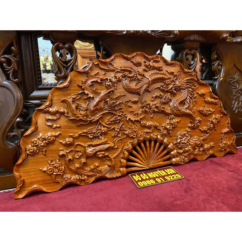 Tranh Quạt tứ linh gỗ hương sơn pu cao cấp kích thước 60*120,dày 4cm