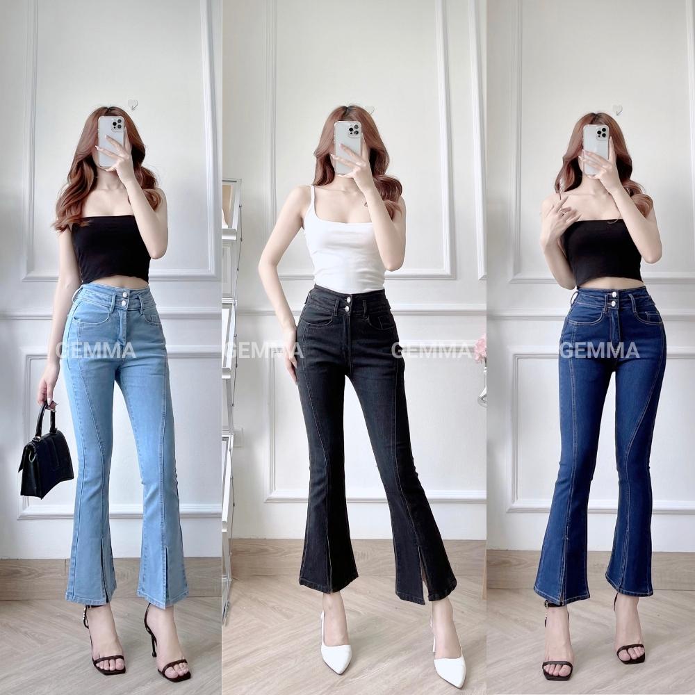 Quần jean nữ Gemma ống loe xẻ ông, quần skinny jean nữ ôm dáng vải co dãn cao cấp