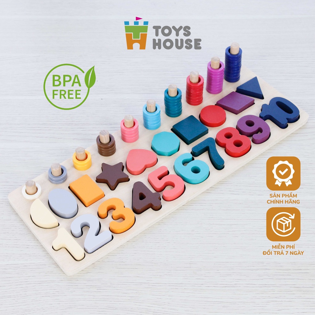 Mô tả Bảng gỗ học chữ số, hình khối và tập đếm giáo dục sớm cho trẻ Toyshouse 574 Đồ chơi lắp ghép cho bé, - 1