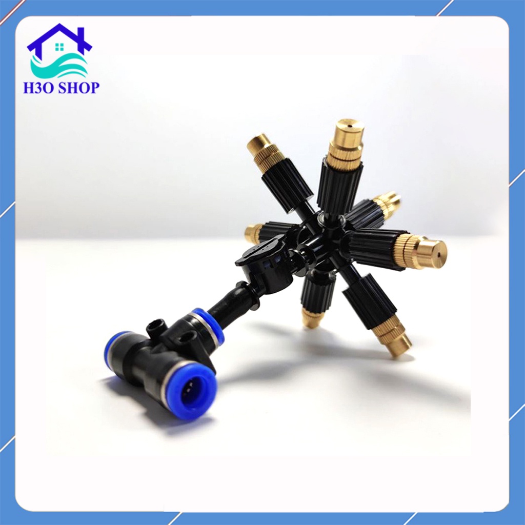 Béc tưới phun sương 7 hướng đầu đồng kèm tê nối nhanh ống 8mm (Tùy chọn van chống rỉ nước)
