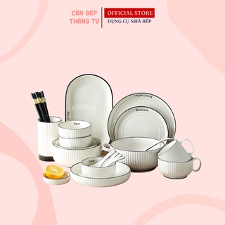 Bộ Chén Đĩa Sứ Sọc Nổi Viền Đen Cao Cấp Tối Giản Sang Trọng Chịu Nhiệt Bền Đẹp CBG02
