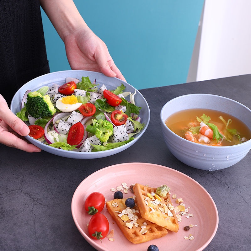【Hàng sẵn sàng】 Rơm lúa mì Bộ đồ ăn Đũa Thìa Tách Đĩa ăn Bát Cơm Chống Rơi BPA Free Phong Cách Bắc âu Bộ đồ ăn đầy màu Sắc