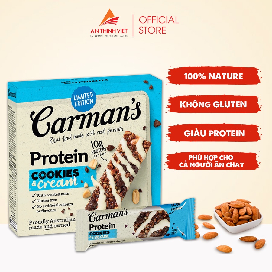 Thanh Giàu Đạm Carmans Gourmet Protein Bars Cookies & Cream - Vị Bánh Quy Và Kem - 200g