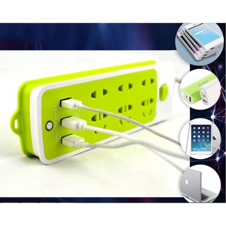 Ổ Cắm Điện Đa Năng Màu Xanh 3 Cổng USB 6 Phích Cắm Ca Chống Giật Dây Chịu Tải 2000W
