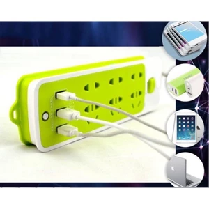 Ổ Cắm Điện Đa Năng Màu Xanh 3 Cổng USB 6 Phích Cắm Ca Chống Giật Dây Chịu Tải 2000W