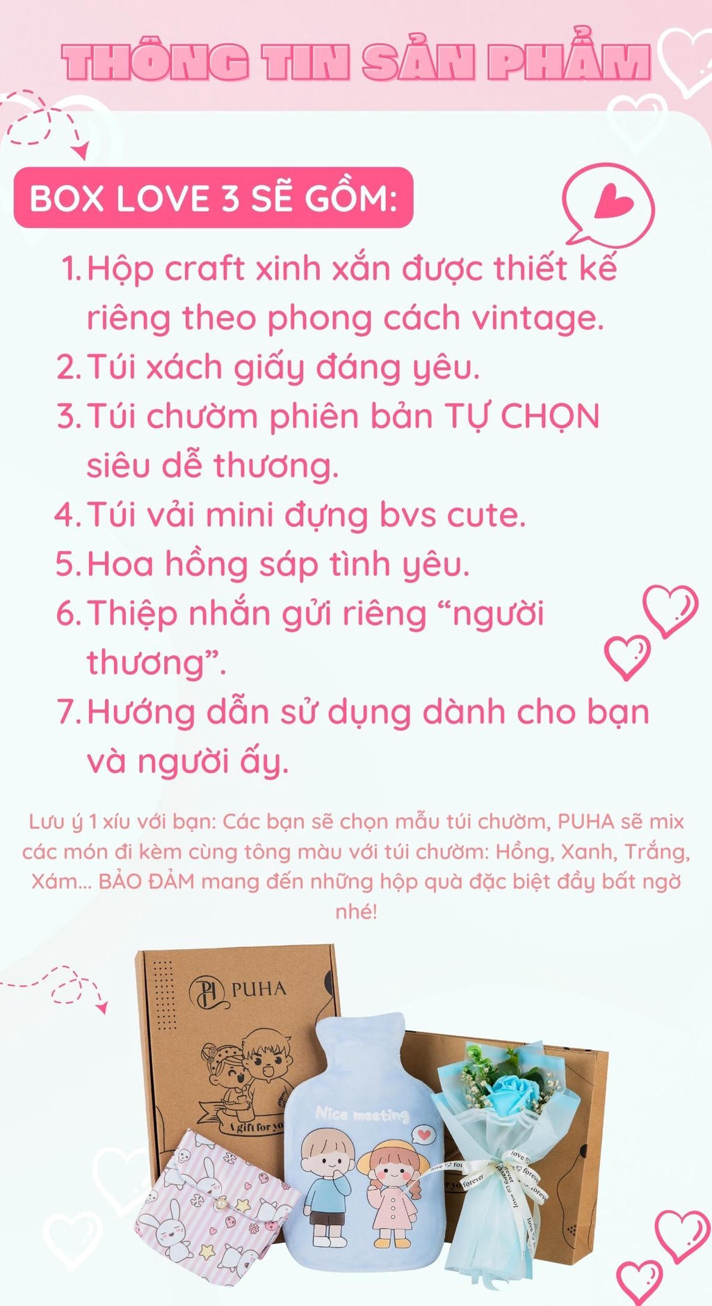 Mô tả Túi chườm nóng bụng kinh PUHA 1000ml phiên bản Love You hộp quà tặng bạn gái có hoa hồng sáp - 2