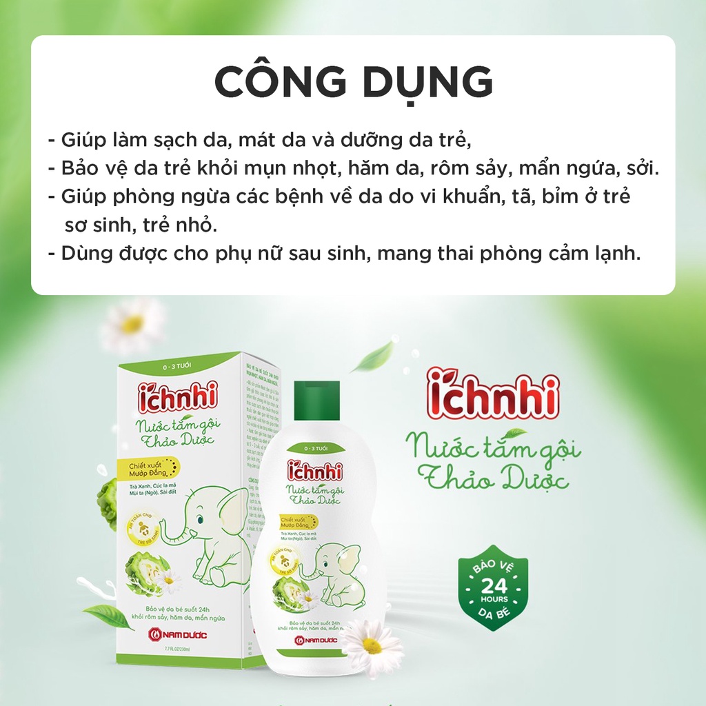 Ảnh Nước tắm gội thảo dược Ích Nhi lọ 230ml (0-3 tuổi) bảo vệ bé suốt 24h ngừa rôm sảy, hăm da, mẩn ngứa 2