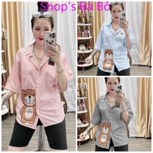 Set áo sơ mi caro, hình gấu thêu, quần ngố ôm che bụng, phô dáng đẹp, mặc đi chơi