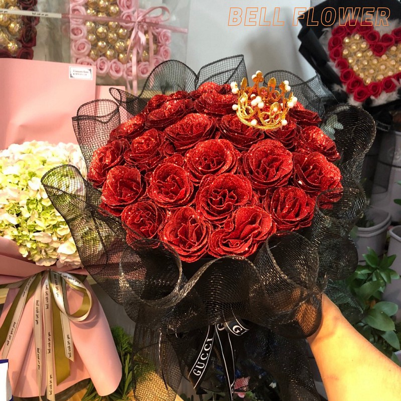 Hoa Sáp Nhũ 22 Bông Đẹp Vĩnh Cửu, Bó Hoa Hồng Giả Kim Tuyến Thơm Kèm