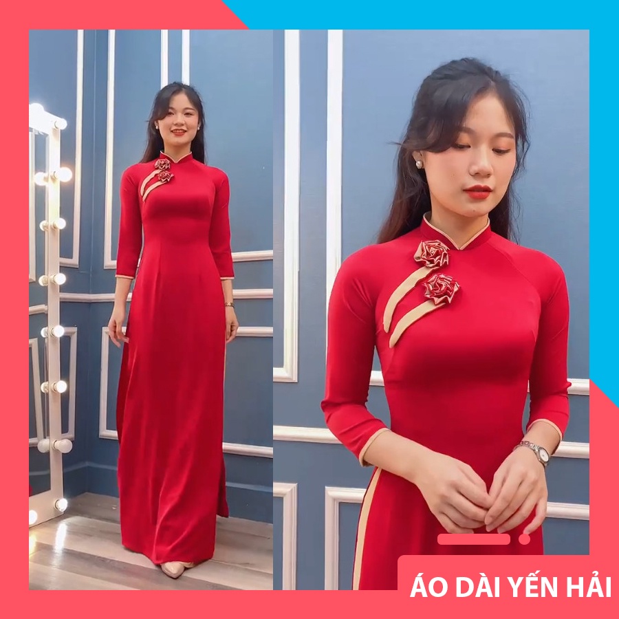 Áo Dài Truyền Thống Lụa Thái Tuấn Màu Đỏ Có Đính Hoa Thiết Kế Trước Ngực |  Ht16 | Shopee Việt Nam