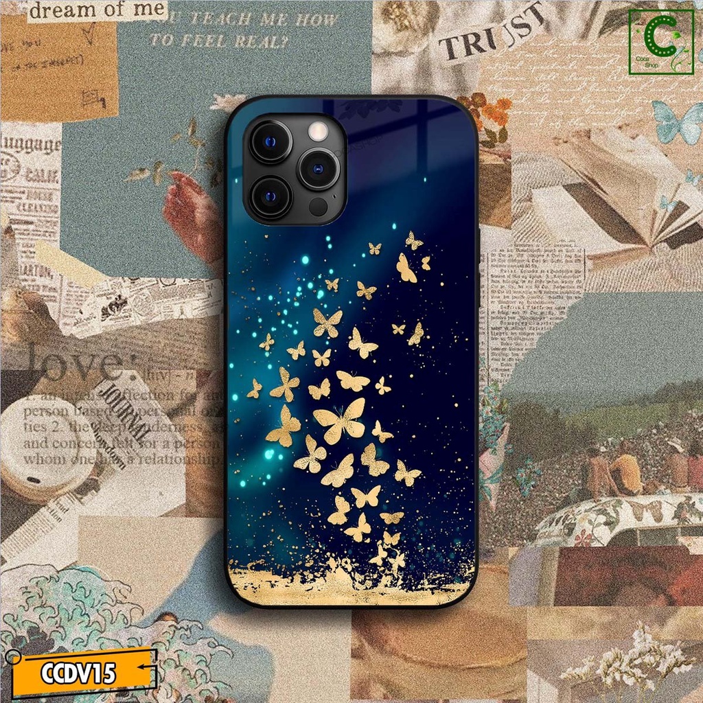 Ốp lưng iphone mặt kính cao cấp - Hồ điệp uyên ương quần hội - 6/6plus/6s/6splus/7/7plus/8/8plus/x/.....
