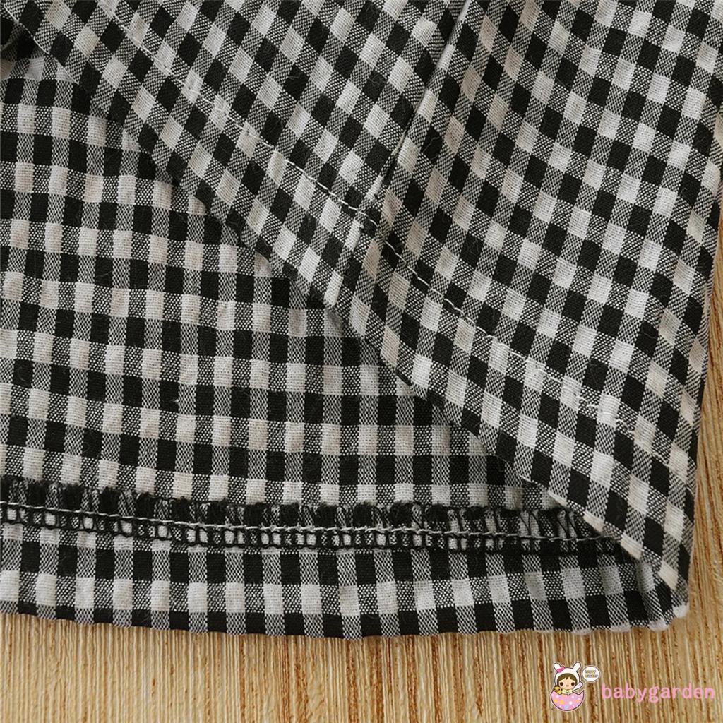 Babygarden-1-6 tuổi Bộ trang phục mùa hè cho bé gái Áo cổ vuông tay phồng ngắn màu đen + Váy chữ A Houndstooth