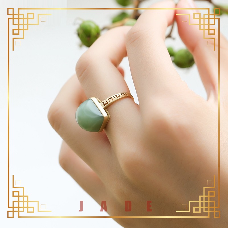 [Ngọc may mắn] Nhẫn ngọc bích Hetian bạc S925, Mì trứng xanh hồng Nhẫn ngọc bích hình vuông Đá quý khảm ngọc bích