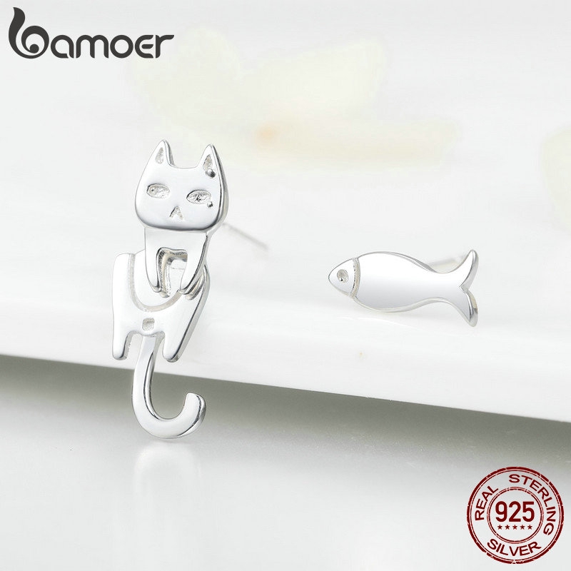 Bamoer Bông Tai bạc 925 Hình Chú Mèo Đáng Yêu Cho Nữ sce488