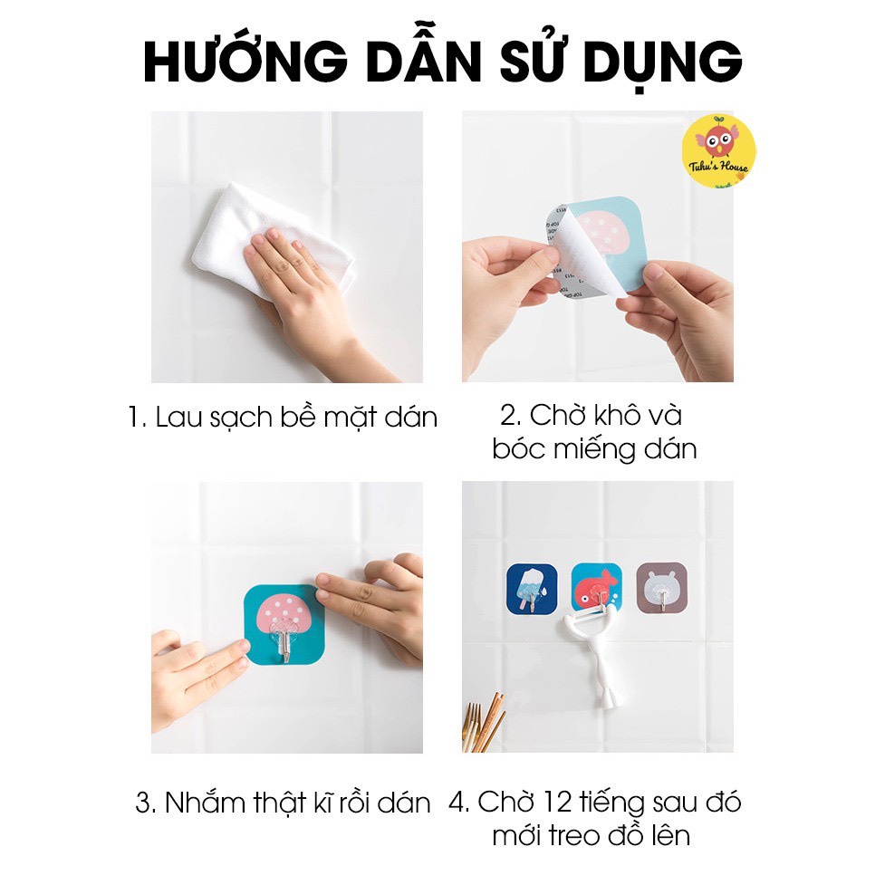 combo  10 Móc Dán Tường Siêu Dính In Hình 3D Độc Đáo Treo Nhiều Vật Dụng Dễ Thương