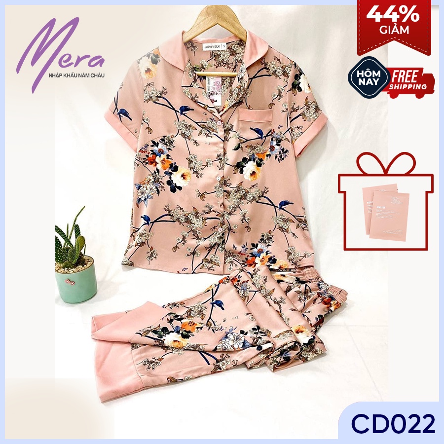 JAPAN SILK - Bộ pijama lụa satin Nhật họa tiết cành hồng đá trang nhã