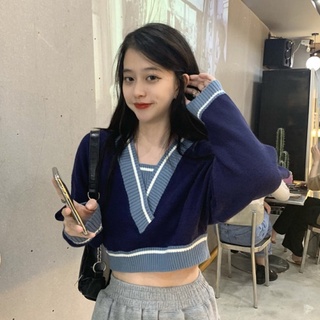 Áo Sweater Dệt Kim Cổ Chữ V Dáng Rộng Màu Sắc Tương Phản Thời Trang Cho Nữ