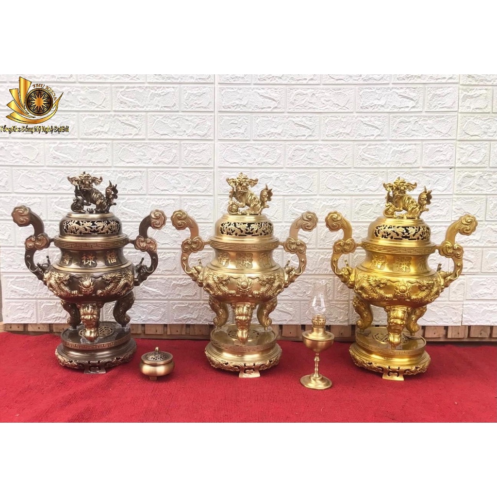 [ HÀNG CHUẨN] Đỉnh Đồng Lư Đồng Đốt Trầm Hương Cao 40cm Song Long Đồng Vàng Catut Nguyên Chất Đồ Đồng Đại Bái