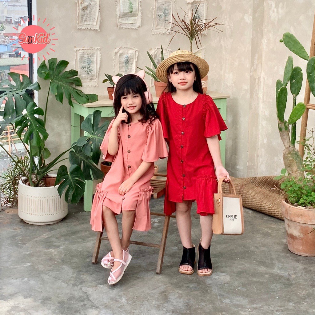 [XẢ KHO] Váy đầm bé gái mùa hè xòe cách điệu hè đính cúc vải trượt nhật cao cấp Jumping KC màu đỏ,hồng size trẻ em 4-12