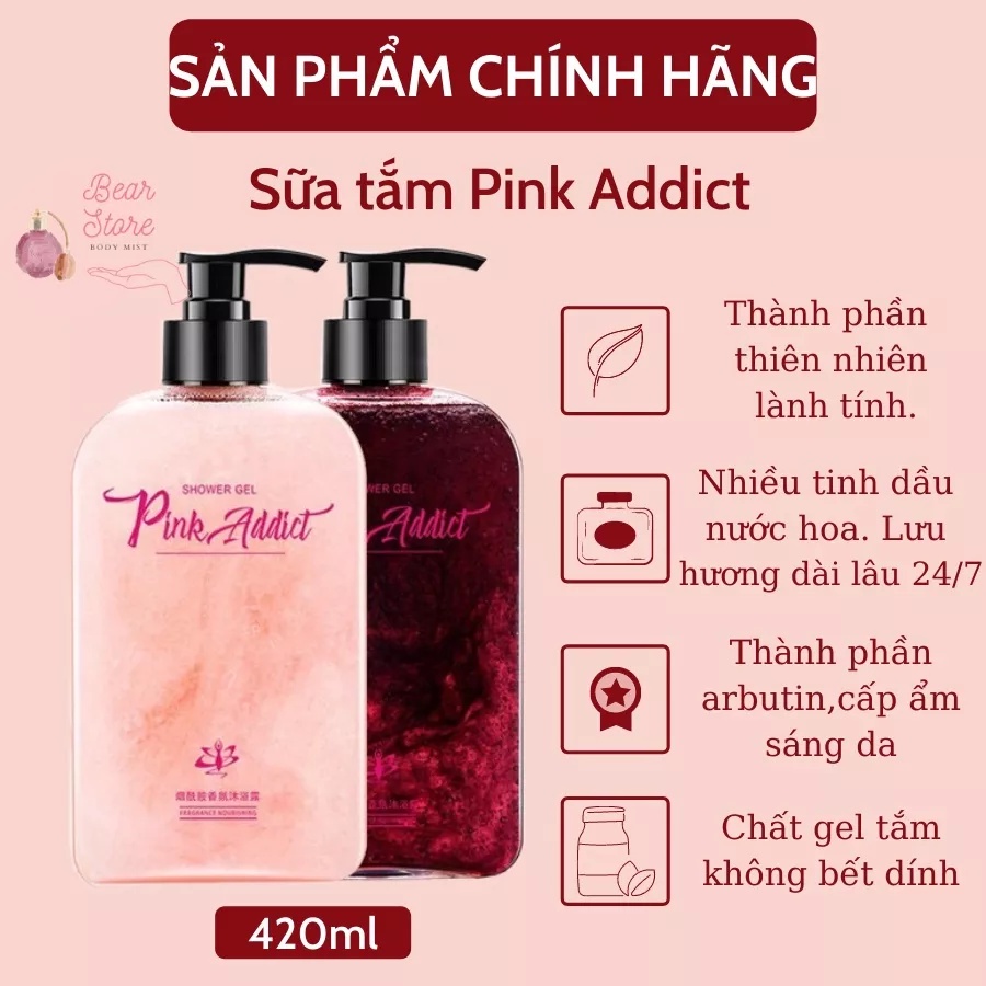 Sữa tắm nước hoa Pink Addict 420ml Sáng Da, Dưỡng Ẩm, Mờ Thâm mụn sữa tắm tự pha Perfume Shower Gel