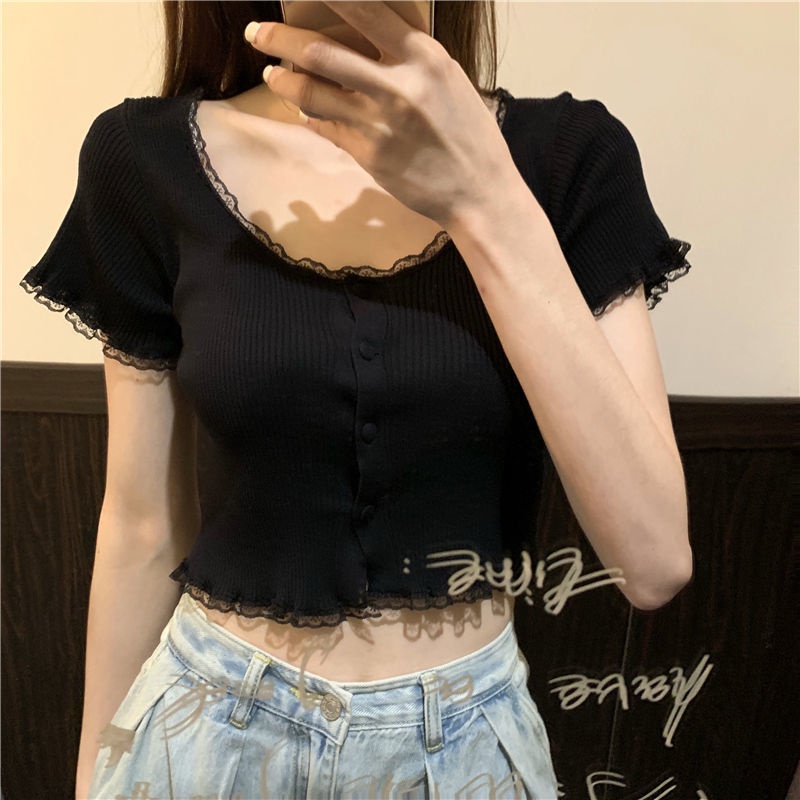 Áo thun dệt kim ngắn tay cổ vuông cạp cao phối ren thời trang hè