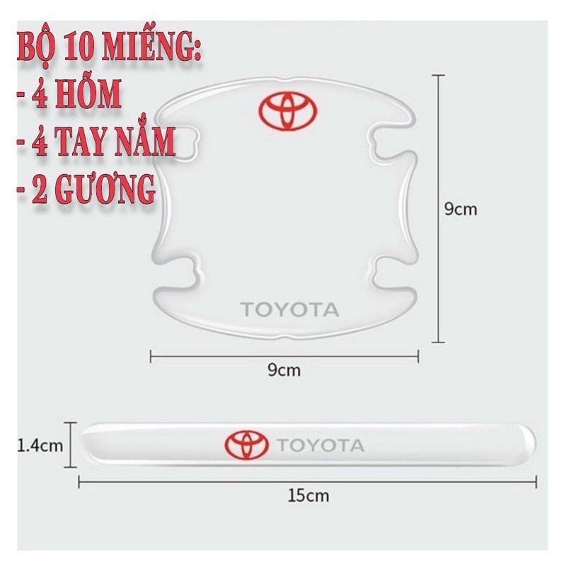 Bộ 10 miếng dán silicon tay, hõm, gương ô tô logo hãng xe TOYOTA Vios,Innova,Fortuner,Camry,Altis,Yaris,Prado,Hilux
