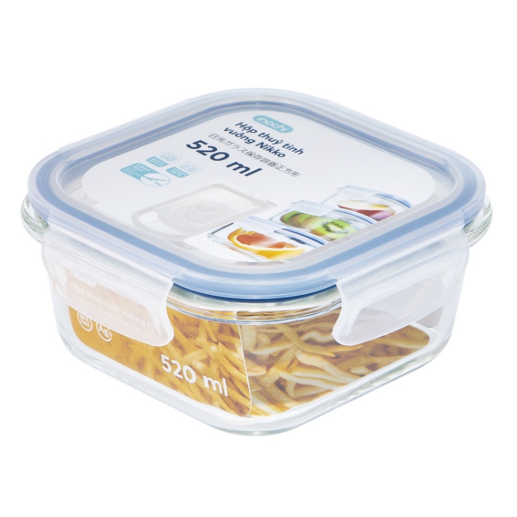 Ảnh Hộp thuỷ tinh vuông Inochi Nikko 520 ml sử dụng được trong lò vi sóng, nắp đậy thông minh thiết kế thoát nhiệt 3