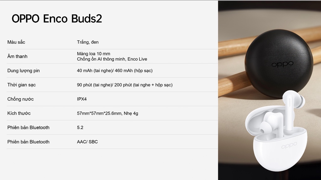 Mô tả Tai nghe Bluetooth Không Dây OPPO Enco Buds 2 | Âm Bass mạnh mẽ | Pin 28H | Khử ồn cuộc gọi AI - Hàng Chính Hãng - 10