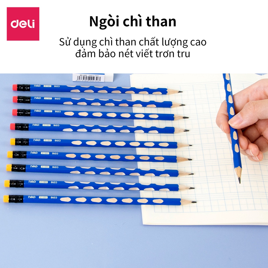 Hộp 12 Cây Bút chì định vị lục giác Graphite Pencil 2B/HB Deli - Thân gỗ mềm, Dễ gọt, Kèm đầu tẩy tiện dụng
