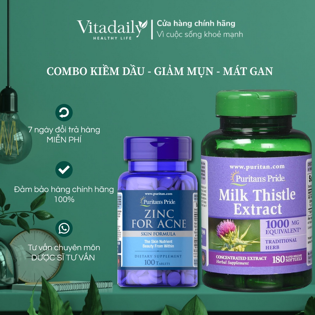 Combo Giảm Mụn, Kiềm Dầu, Mát Gan Zinc For Acne & Milk Thistle Puritan