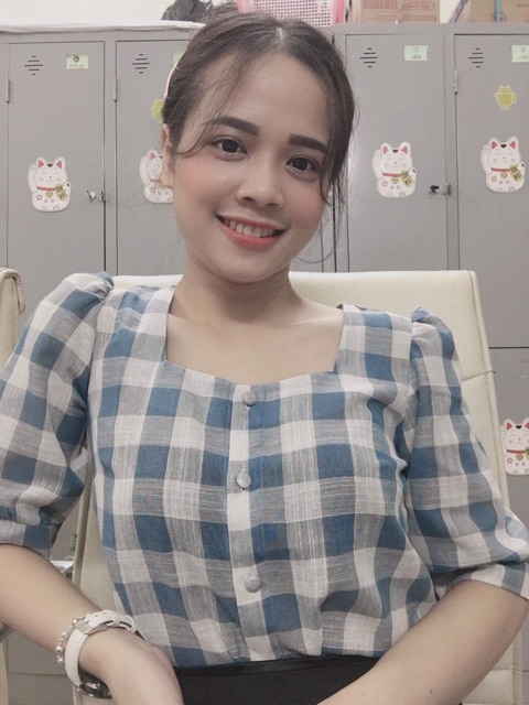 Sơ mi nữ cổ vuông tay lỡ Gorogi, Áo sơ mi kẻ dáng suông Gorogi chất thô tre thoáng mát