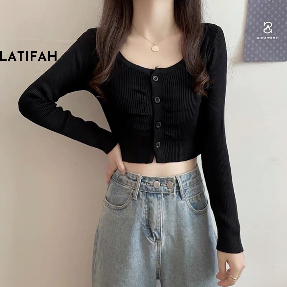 [Mã BMLT30 giảm đến 30K đơn 299K] Áo thun croptop tay dài cổ tròn LATIFAH có cài cúc AT019 thun co giãn 4 chiều