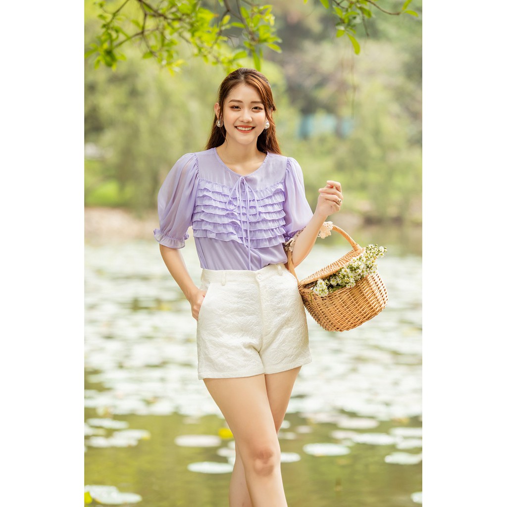 [Mã BMLT35 giảm đến 35K đơn 99K] Áo Nhún Bèo Ngực Tay Phồng The Kat House, vải tơ ánh kim, nữ tính, dịu dàng, dễ thương