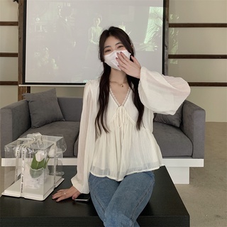 Hàng Mới Về Áo Chiffon Cổ Chữ V Xếp Ly Tay Dài Dáng Rộng Phong Cách Hàn Quốc Dành Cho Nữ Hàng Mới